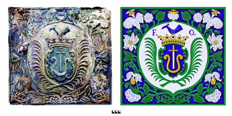 Reconstructions of the burnt broken multicoloured glazed ceramic stove plaque 2